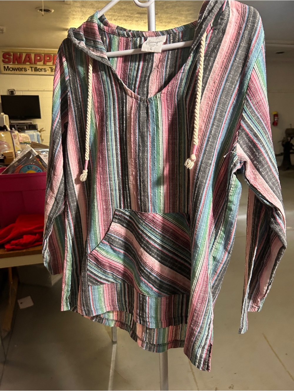 Vintage Baja Hoodie Striped Pullover Boho Hippie Surf Hoodie Drug Rug - Picture 7 of 9